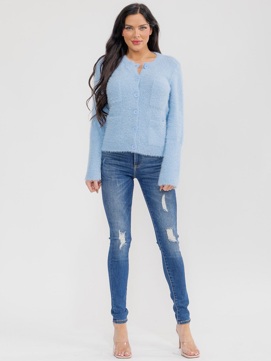 WOMEN'S LONG SLEEVE BUTTON CLOSURE FRONT POCKETS FUZZY SWEATER