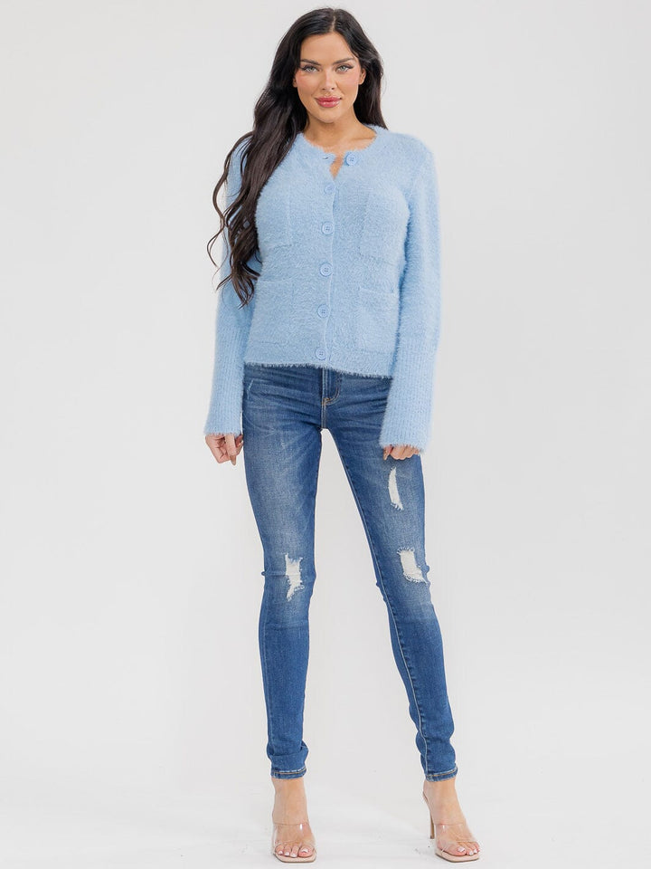 WOMEN'S LONG SLEEVE BUTTON CLOSURE FRONT POCKETS FUZZY SWEATER