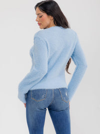 WOMEN'S LONG SLEEVE BUTTON CLOSURE FRONT POCKETS FUZZY SWEATER