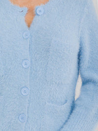 WOMEN'S LONG SLEEVE BUTTON CLOSURE FRONT POCKETS FUZZY SWEATER