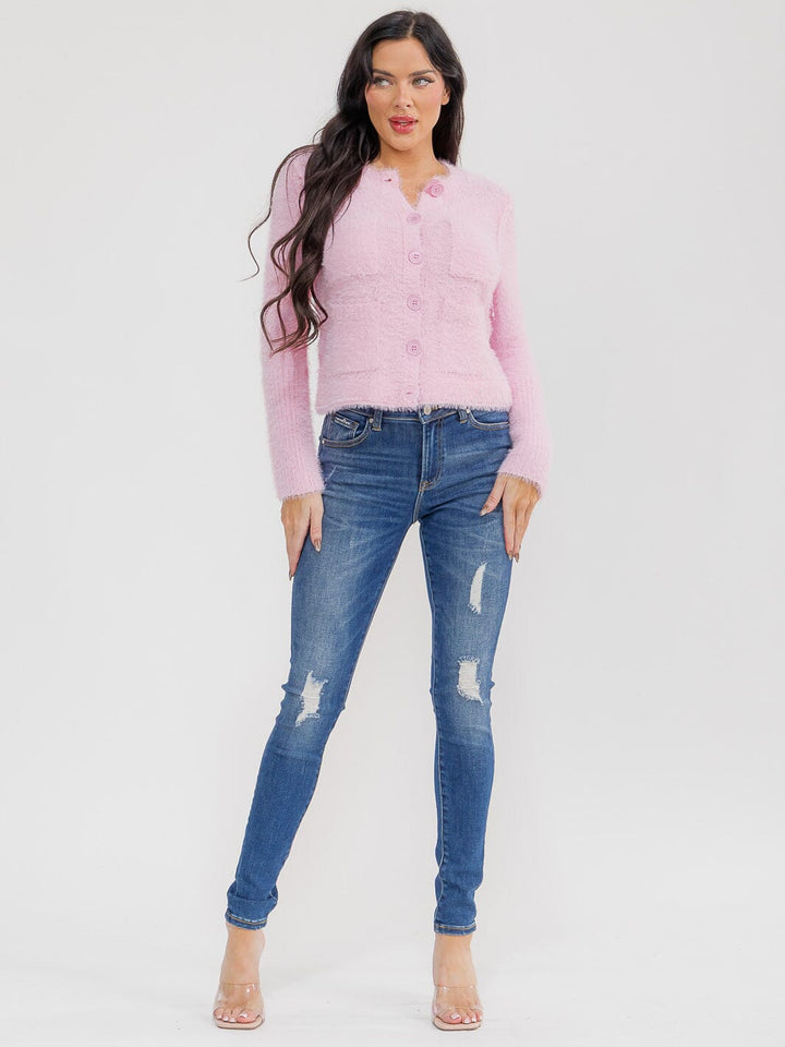 WOMEN'S LONG SLEEVE BUTTON CLOSURE FRONT POCKETS FUZZY SWEATER