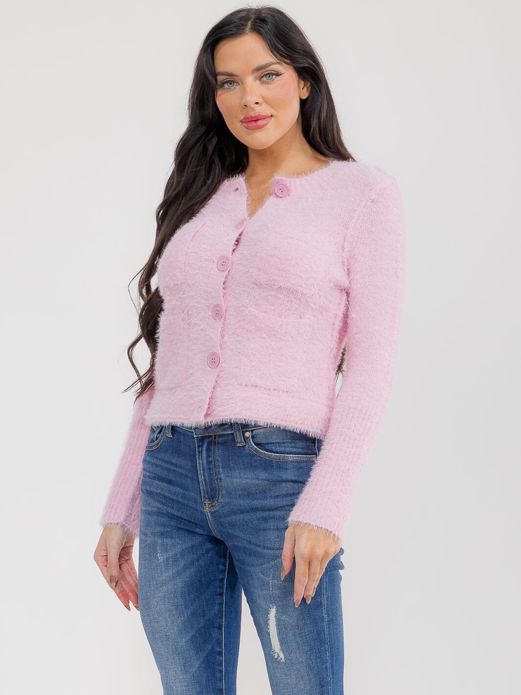 WOMEN'S LONG SLEEVE BUTTON CLOSURE FRONT POCKETS FUZZY SWEATER