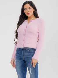 WOMEN'S LONG SLEEVE BUTTON CLOSURE FRONT POCKETS FUZZY SWEATER