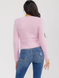 WOMEN'S LONG SLEEVE BUTTON CLOSURE FRONT POCKETS FUZZY SWEATER