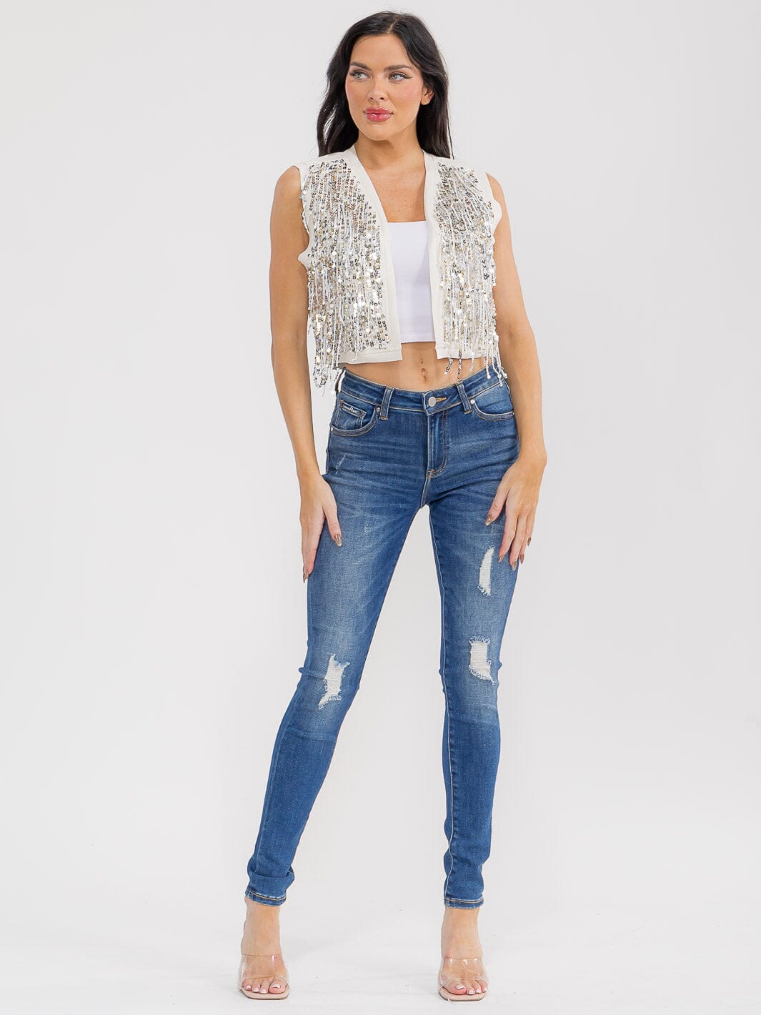 WOMEN'S SLEEVELESS OPEN FRONT PU PLEATHER SEQUINS FRINGE VEST