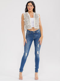 WOMEN'S SLEEVELESS OPEN FRONT PU PLEATHER SEQUINS FRINGE VEST