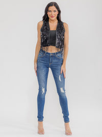 WOMEN'S SLEEVELESS OPEN FRONT PU PLEATHER SEQUINS FRINGE VEST