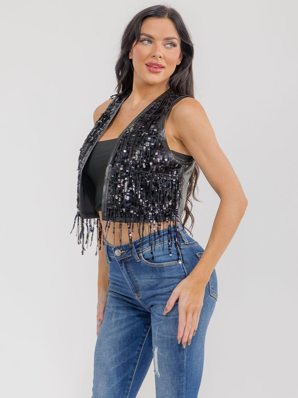 WOMEN'S SLEEVELESS OPEN FRONT PU PLEATHER SEQUINS FRINGE VEST