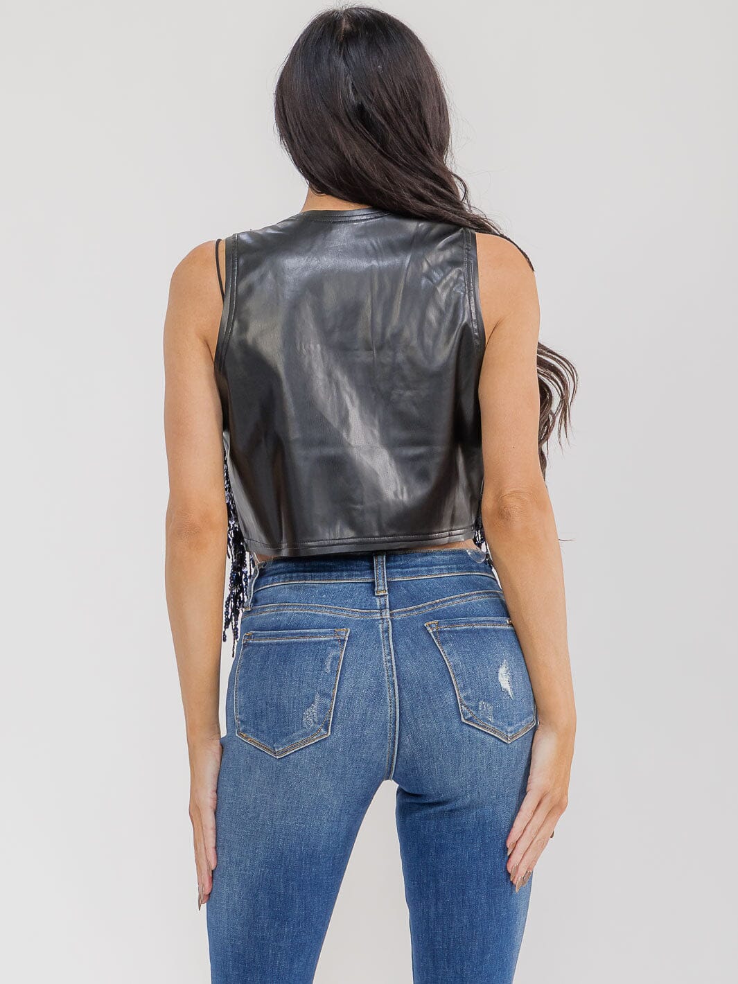 WOMEN'S SLEEVELESS OPEN FRONT PU PLEATHER SEQUINS FRINGE VEST