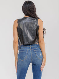 WOMEN'S SLEEVELESS OPEN FRONT PU PLEATHER SEQUINS FRINGE VEST