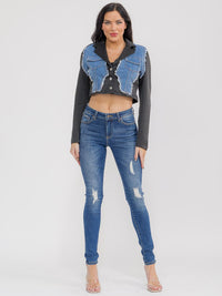 WOMEN'S LONG SLEEVE BUTTON UP FRONT POCKETS DENIM CONTRAST CROP JACKET