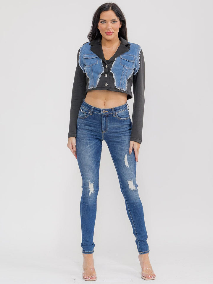 WOMEN'S LONG SLEEVE BUTTON UP FRONT POCKETS DENIM CONTRAST CROP JACKET