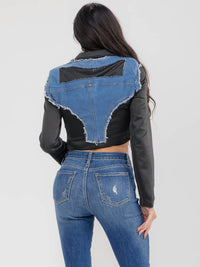 WOMEN'S LONG SLEEVE BUTTON UP FRONT POCKETS DENIM CONTRAST CROP JACKET
