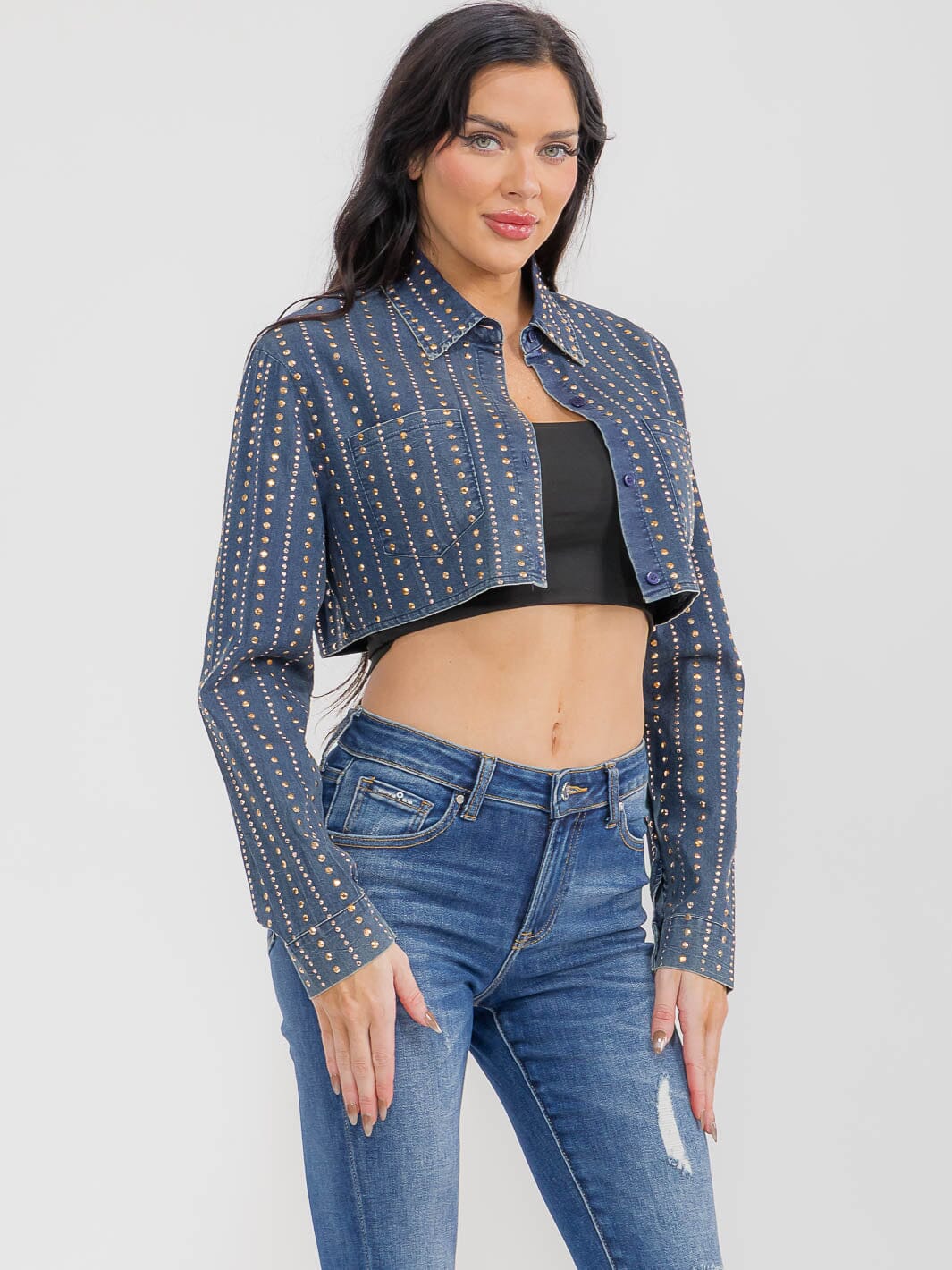 WOMEN'S LONG SLEEVE BUTTON CLOSURE FRONT POCKETS RHINESTONES CROP BLAZER