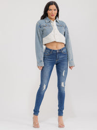 WOMEN'S LONG SLEEVE BUTTON CLOSURE DENIM SHERPA CROP JACKET