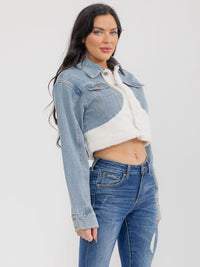 WOMEN'S LONG SLEEVE BUTTON CLOSURE DENIM SHERPA CROP JACKET