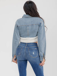 WOMEN'S LONG SLEEVE BUTTON CLOSURE DENIM SHERPA CROP JACKET