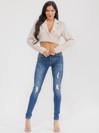 WOMEN'S LONG SLEEVE BUTTON CLOSURE RHINESTONES DETAILED CROP BLAZER