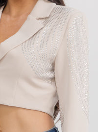 WOMEN'S LONG SLEEVE BUTTON CLOSURE RHINESTONES DETAILED CROP BLAZER