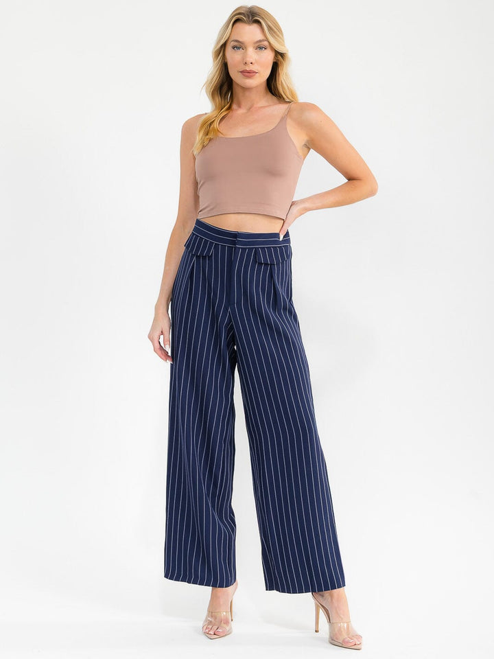 WOMEN'S BUTTON CLOSURE STRIPES WIDE LEG PANTS