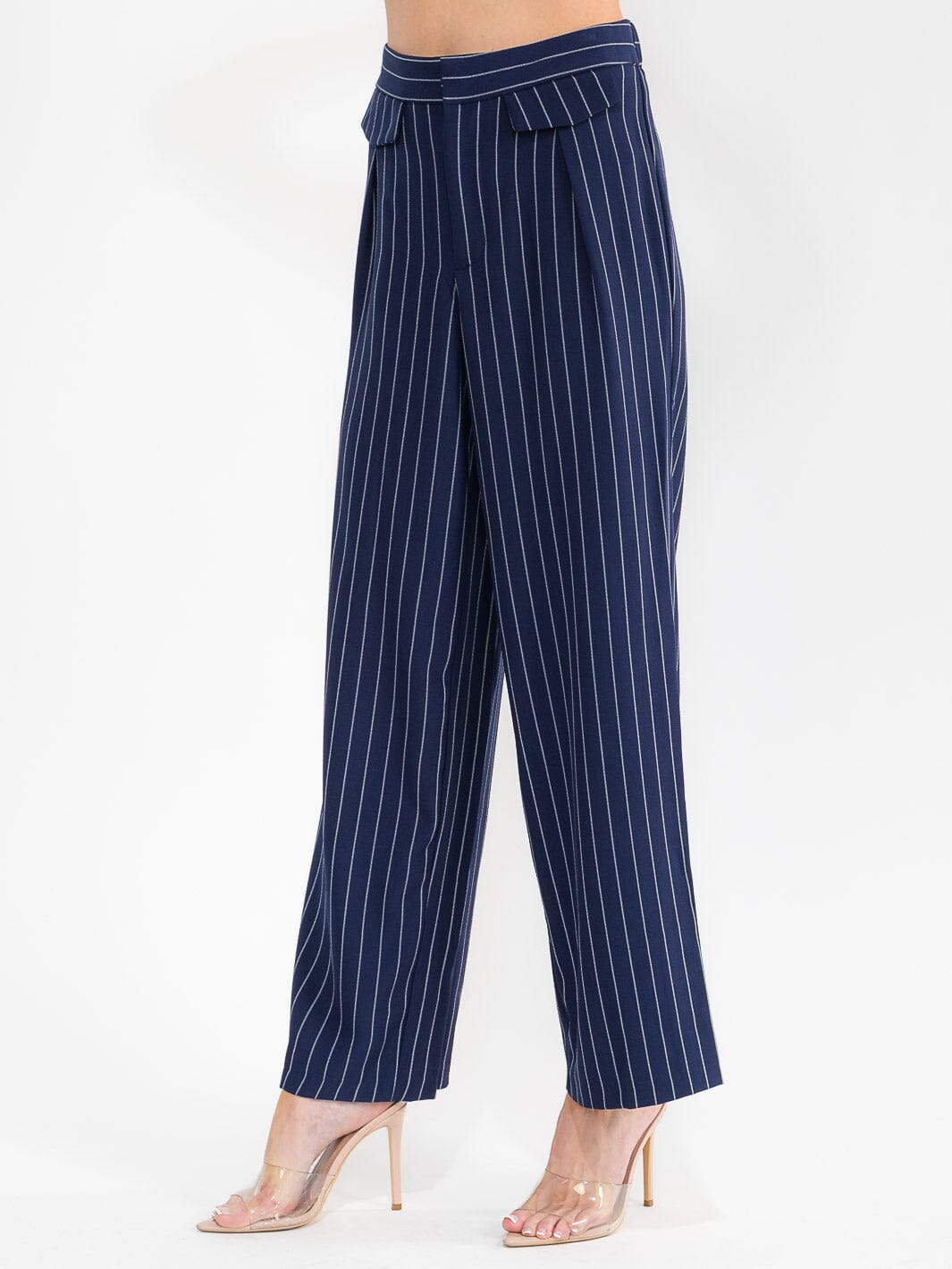 WOMEN'S BUTTON CLOSURE STRIPES WIDE LEG PANTS