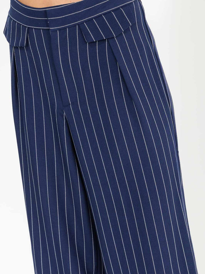 WOMEN'S BUTTON CLOSURE STRIPES WIDE LEG PANTS