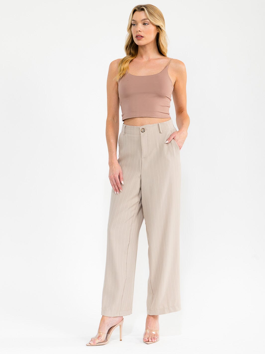 WOMEN'S BUTTON CLOSURE FRONT POCKETS STRIPES WIDE LEG PANTS