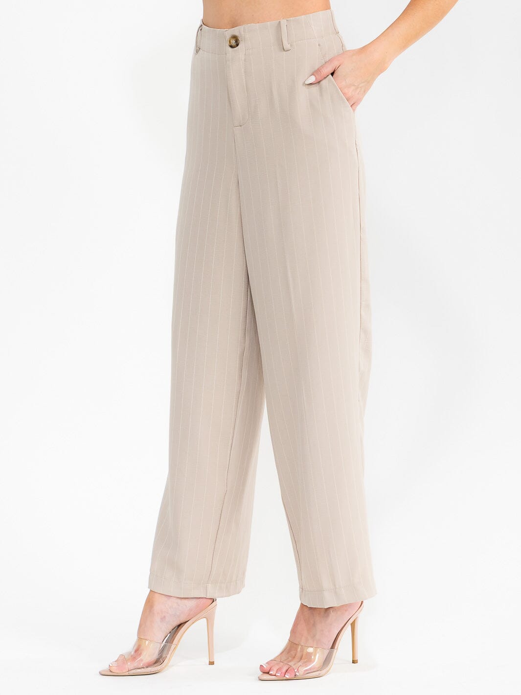 WOMEN'S BUTTON CLOSURE FRONT POCKETS STRIPES WIDE LEG PANTS
