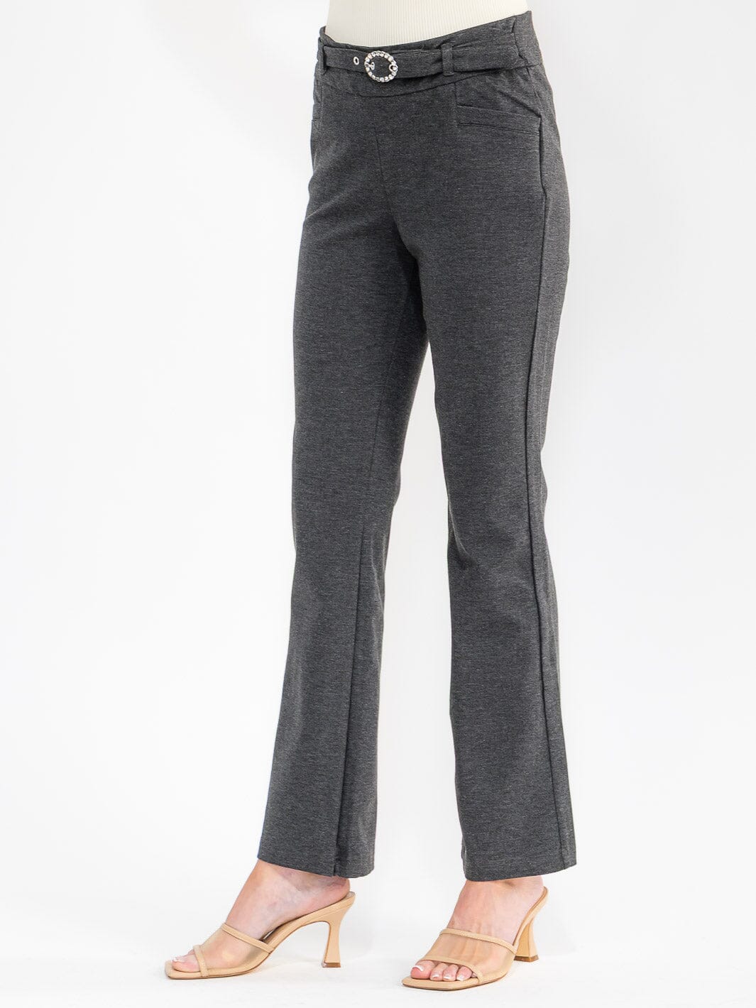 WOMEN'S ELASTIC WAIST FRONT BELT POCKETS BELL LEG PANTS