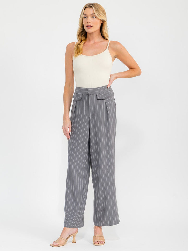 WOMEN'S BUTTON CLOSURE STRIPES WIDE LEG PANTS