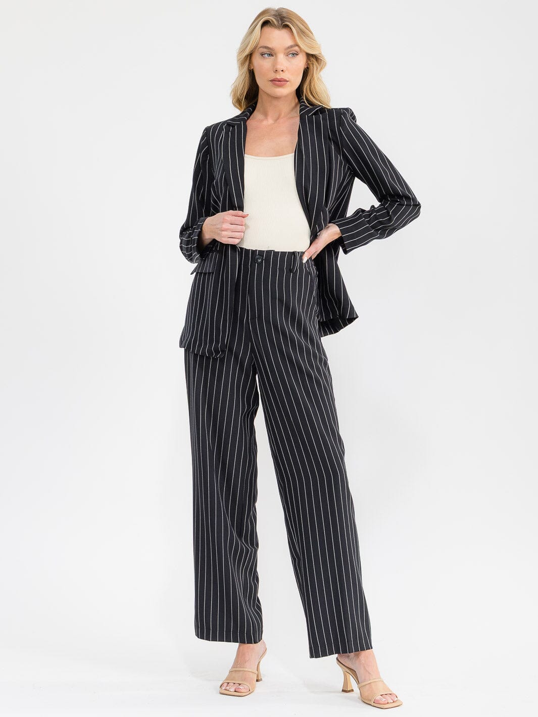WOMEN'S BUTTON CLOSURE FRONT POCKETS STRIPES WIDE LEG PANTS