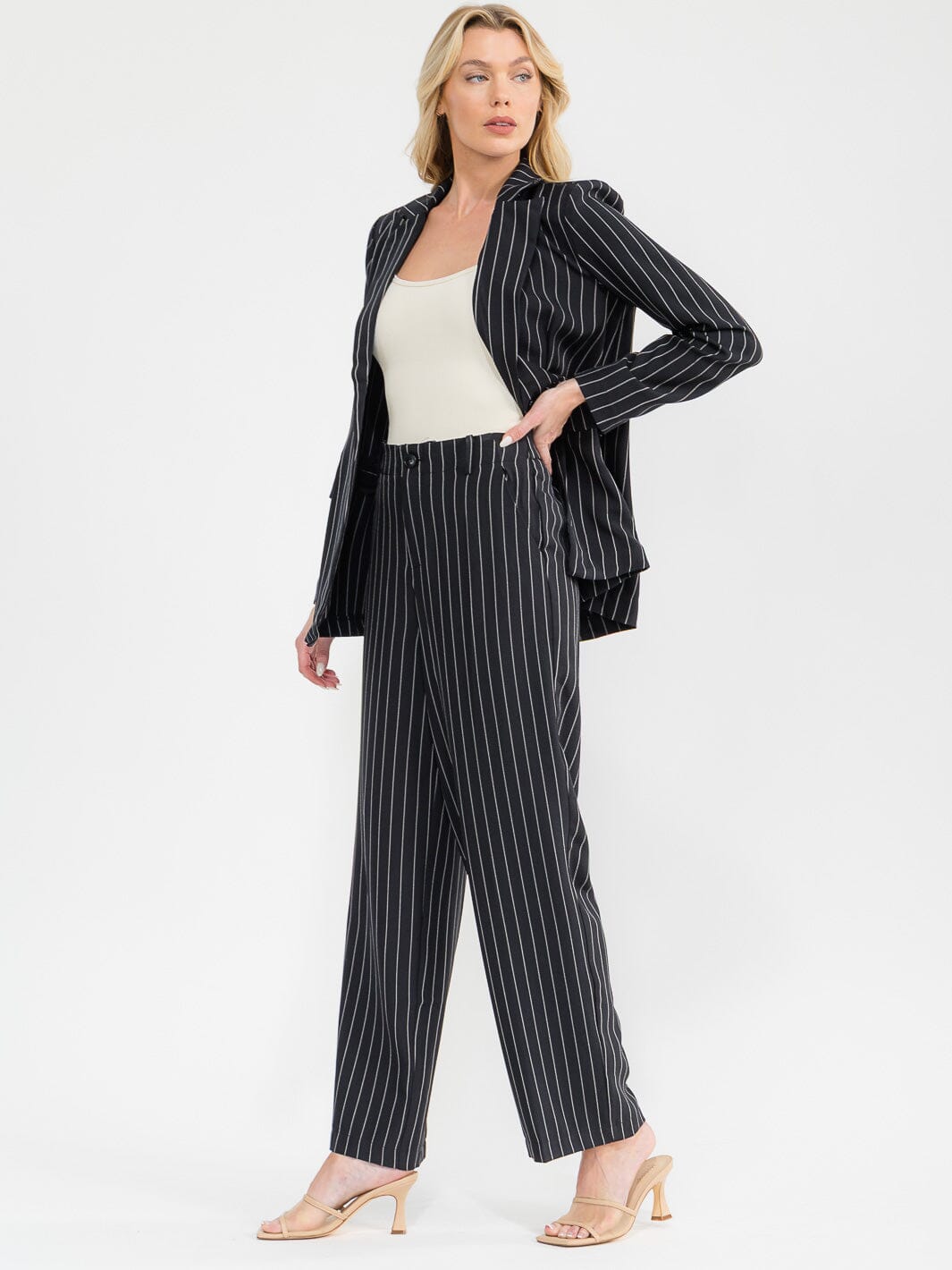 WOMEN'S BUTTON CLOSURE FRONT POCKETS STRIPES WIDE LEG PANTS