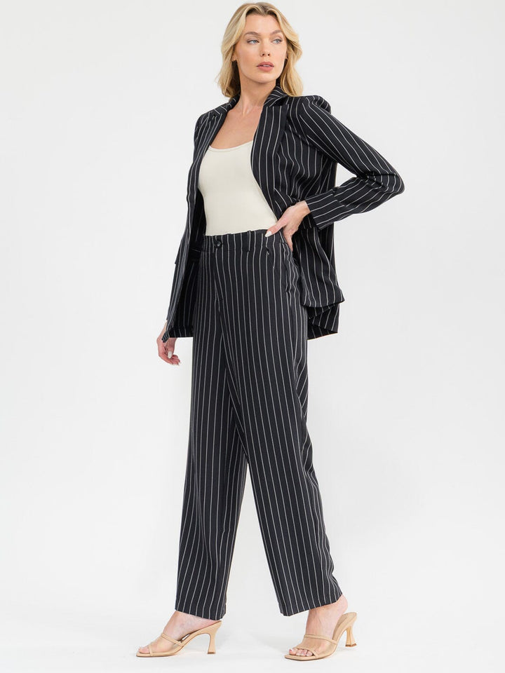 WOMEN'S BUTTON CLOSURE FRONT POCKETS STRIPES WIDE LEG PANTS