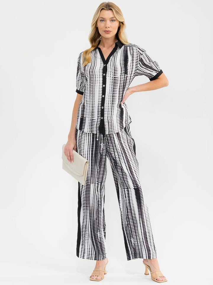 WOMEN'S SHORT SLEEVE BLOUSE & ELASTIC WAIST PANTS COLORBLOCK PRINT 2PC. SET