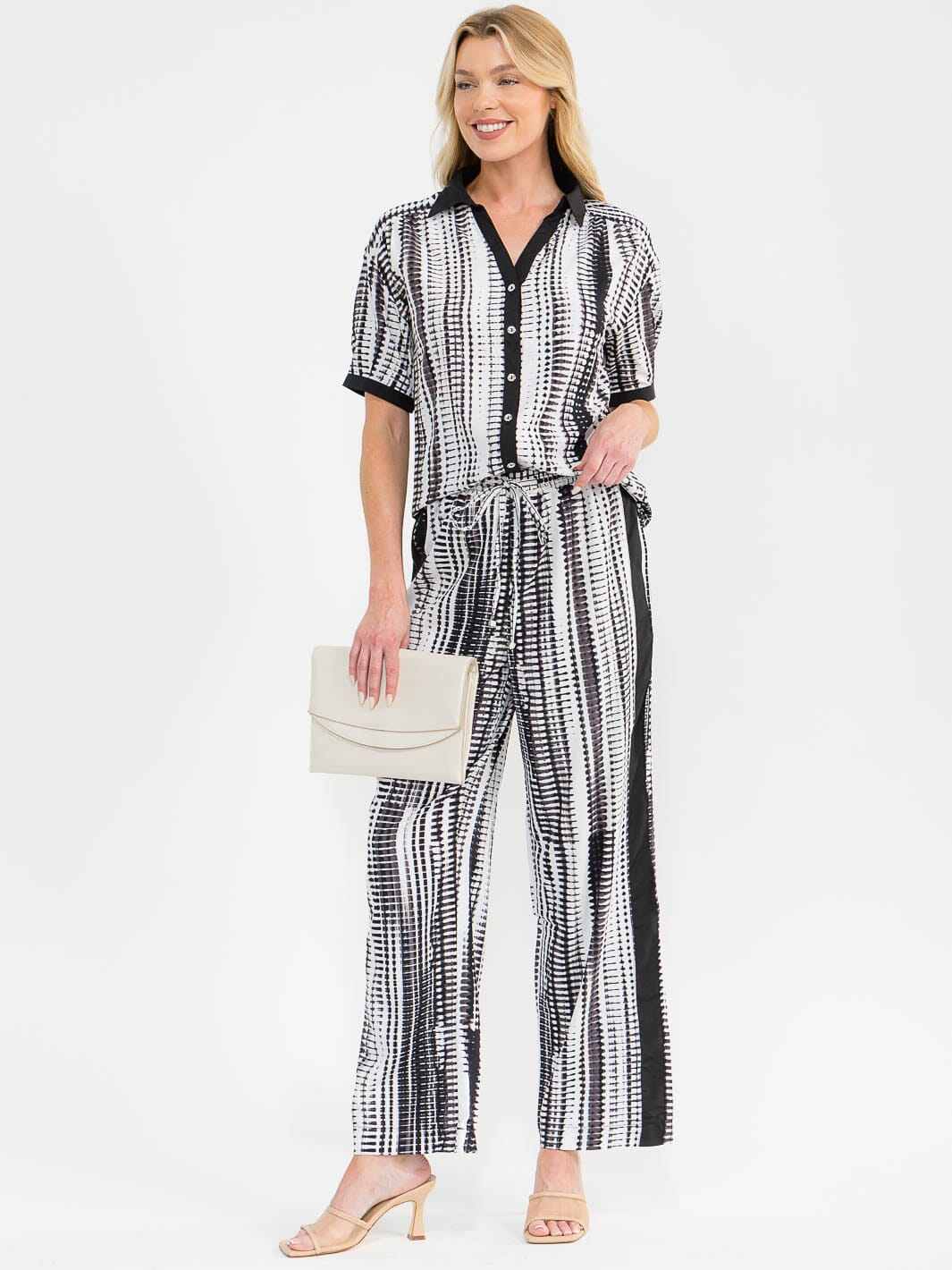 WOMEN'S SHORT SLEEVE BLOUSE & ELASTIC WAIST PANTS COLORBLOCK PRINT 2PC. SET