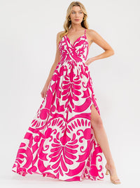 WOMEN'S SLEEVELESS V-NECK OPEN BACK SIDE SLIT MULTI PRINT MAXI DRESS