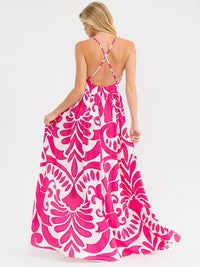 WOMEN'S SLEEVELESS V-NECK OPEN BACK SIDE SLIT MULTI PRINT MAXI DRESS