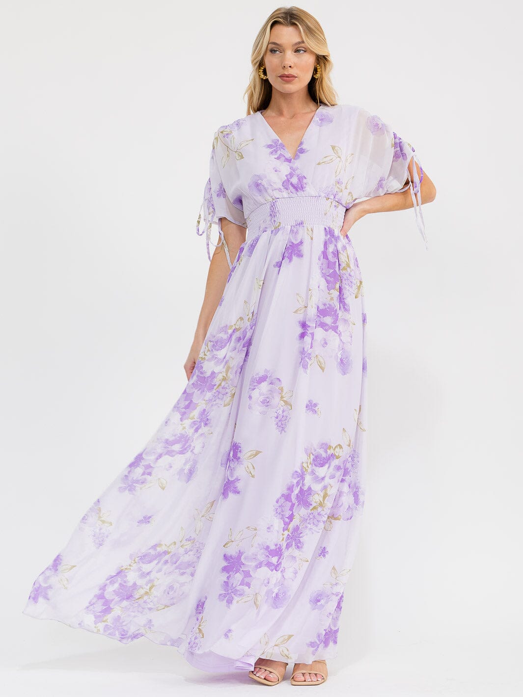 WOMEN'S SHORT RUCHED SLEEVES SURPLICE SMOCK WAIST FLORAL MAXI DRESS
