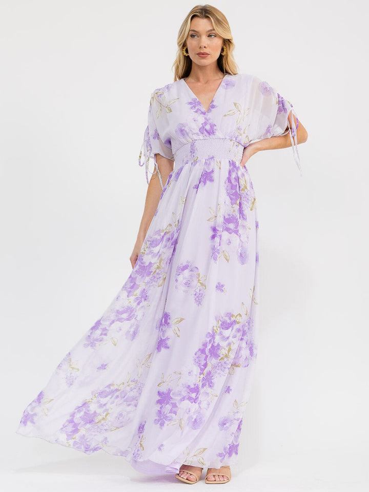 WOMEN'S SHORT RUCHED SLEEVES SURPLICE SMOCK WAIST FLORAL MAXI DRESS