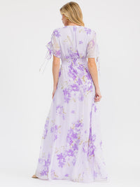 WOMEN'S SHORT RUCHED SLEEVES SURPLICE SMOCK WAIST FLORAL MAXI DRESS