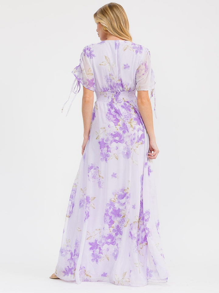 WOMEN'S SHORT RUCHED SLEEVES SURPLICE SMOCK WAIST FLORAL MAXI DRESS