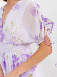 WOMEN'S SHORT RUCHED SLEEVES SURPLICE SMOCK WAIST FLORAL MAXI DRESS