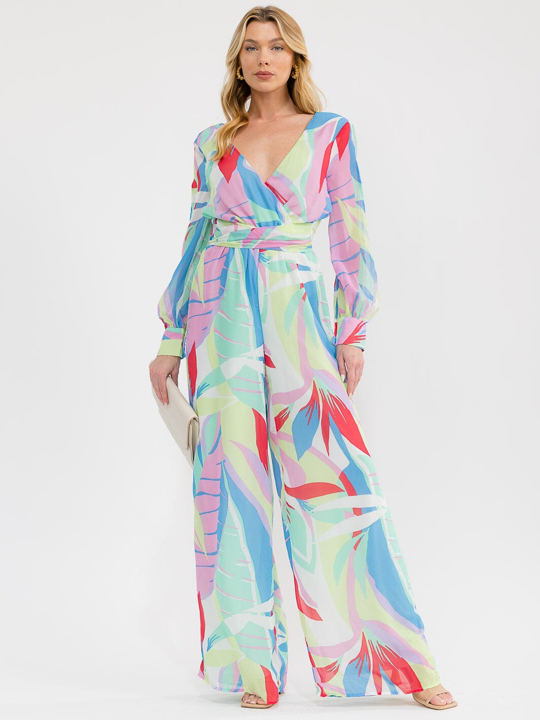 WOMEN'S LONG SLEEVE SURPLICE ELASTIC WAIST MULTI PRINT WIDE LEG JUMPSUIT