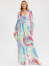 WOMEN'S LONG SLEEVE SURPLICE ELASTIC WAIST MULTI PRINT WIDE LEG JUMPSUIT