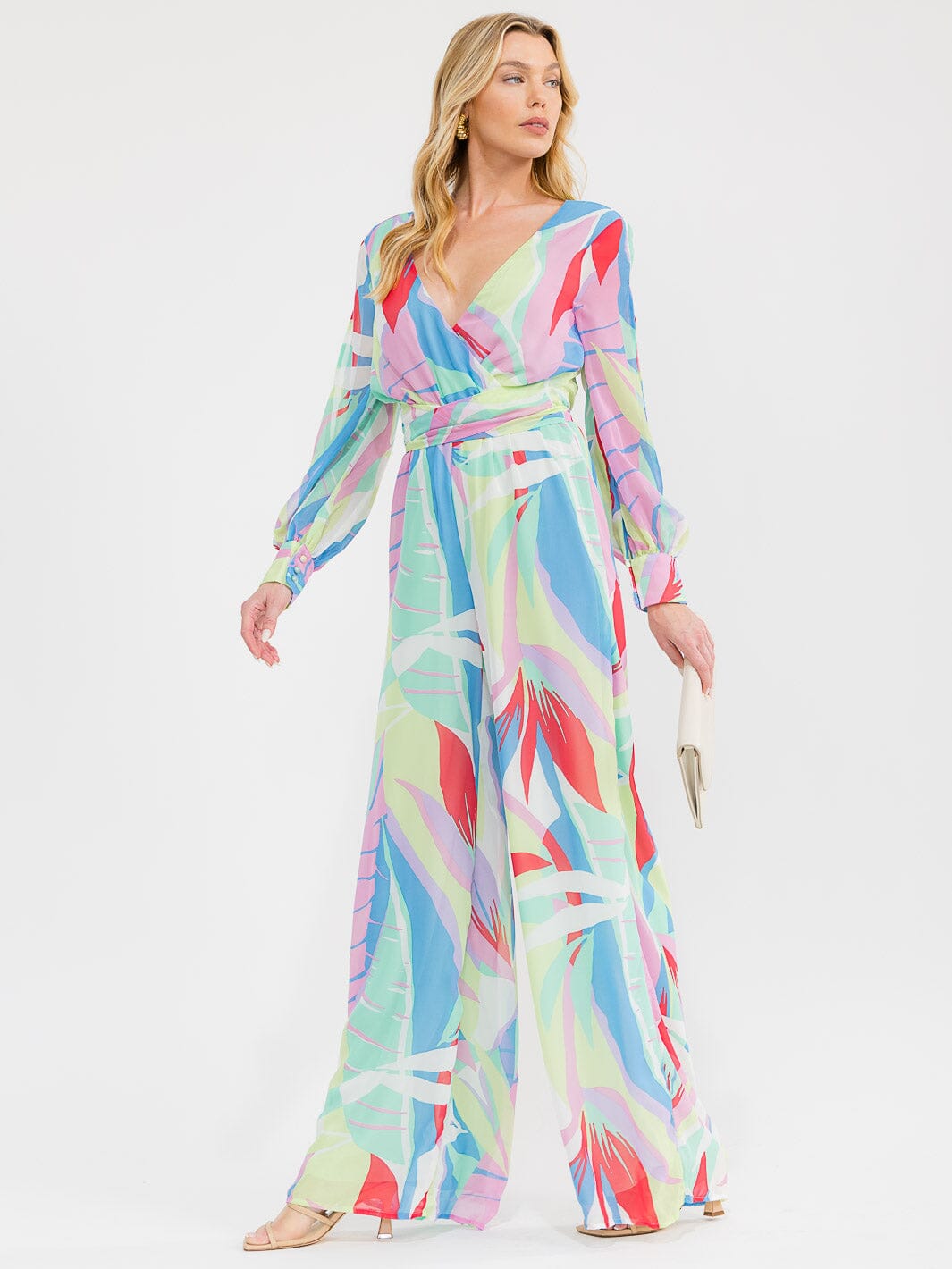 WOMEN'S LONG SLEEVE SURPLICE ELASTIC WAIST MULTI PRINT WIDE LEG JUMPSUIT