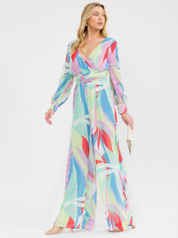 WOMEN'S LONG SLEEVE SURPLICE ELASTIC WAIST MULTI PRINT WIDE LEG JUMPSUIT