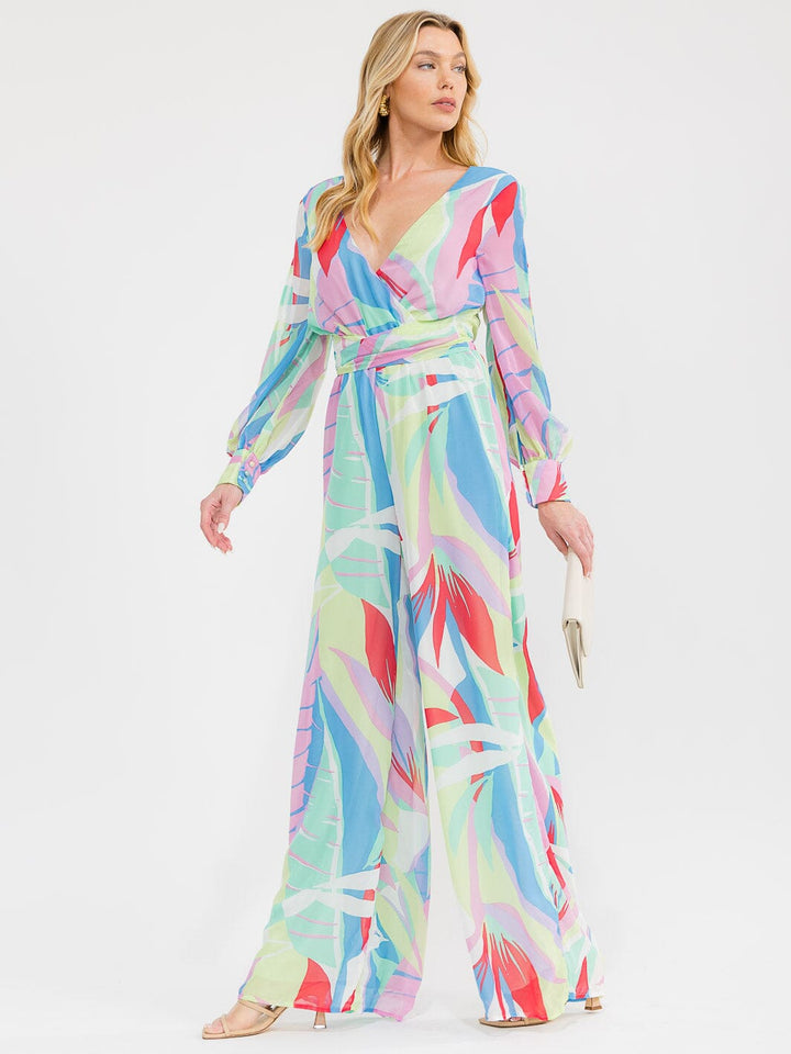 WOMEN'S LONG SLEEVE SURPLICE ELASTIC WAIST MULTI PRINT WIDE LEG JUMPSUIT