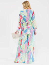 WOMEN'S LONG SLEEVE SURPLICE ELASTIC WAIST MULTI PRINT WIDE LEG JUMPSUIT