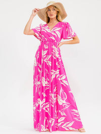 WOMEN'S SHORT SLEEVES SURPLICE ELASTIC WAIST LEAF PRINT MAXI DRESS