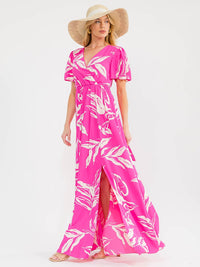 WOMEN'S SHORT SLEEVES SURPLICE ELASTIC WAIST LEAF PRINT MAXI DRESS
